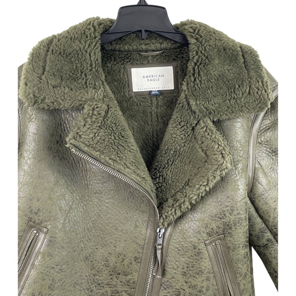 American Eagle Womens Olive Green Oversized Shearling Biker Jacket Size MEDIUM - Picture 4 of 10